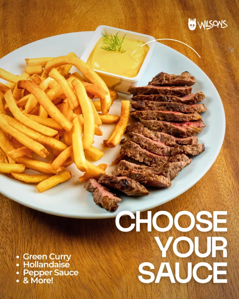 Build your own dinner with steak, fries, and sauce at Wilson’s Cafe in Phuket